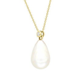 00028214 18ct Yellow Gold White Pearl 0.10ct Diamond Drop Necklace, UNQPEARL49