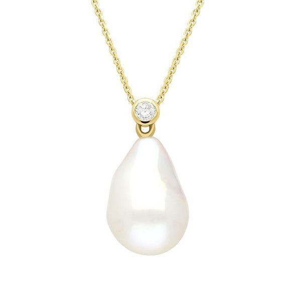 00028214 18ct Yellow Gold White Pearl 0.10ct Diamond Drop Necklace, UNQPEARL49
