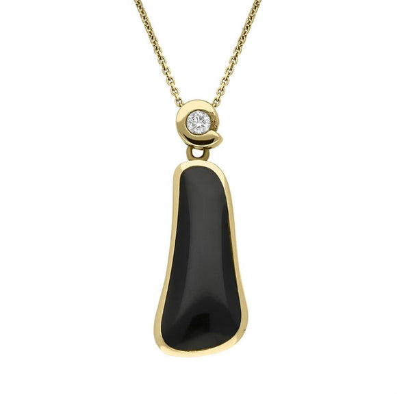 18ct Yellow Gold Whitby Jet 0.10ct Diamond Curved Oblong Necklace