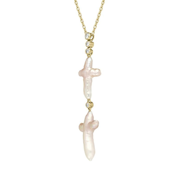00029578 18ct Yellow Gold Pink Mother of Pearl 0.07ct Diamond Unique Cross Necklace, UNQPMOPCRT