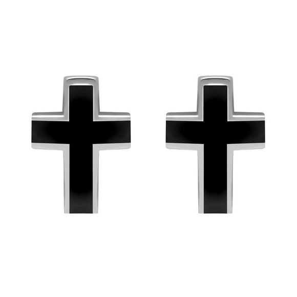 0006970  C W Sellors Sterling Silver Whitby Jet Channel Set Cross Stud Earrings, E390.