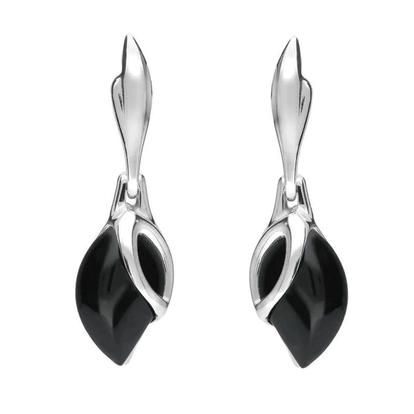 00074065 C W Sellors Sterling Silver Whitby Jet Leaf Shaped Open Top Drop Earrings E1655