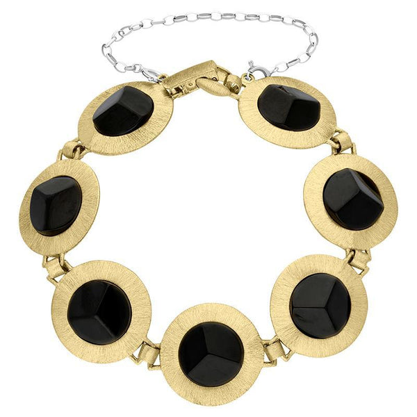 00088742 Sterling Silver Yellow Gold Vermeil Whitby Jet Satin Disc Link Bracelet, B641