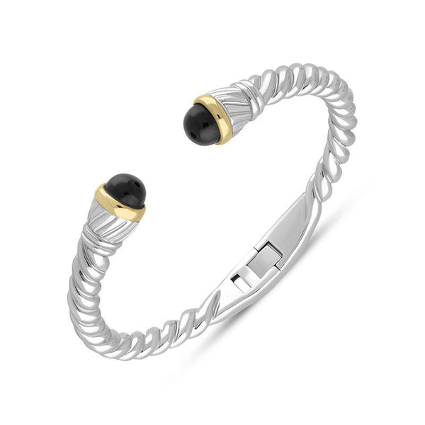 00090409 Sterling Silver Whitby Jet Bead Hinged Torc Twist Bangle, B737