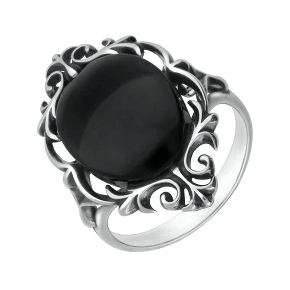 Sterling Silver Whitby Jet  Oval Open Carved Ring R920