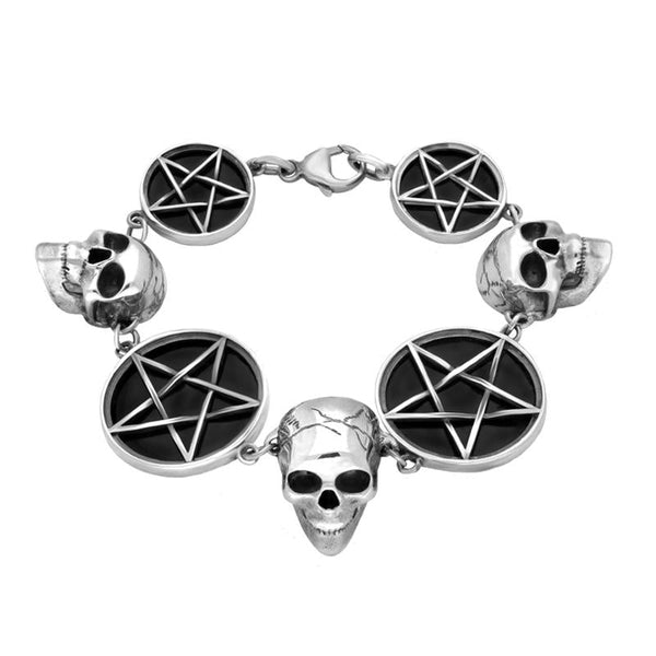 00144377 C W Sellors Silver Whitby Jet Skulls and Round Pentagram Bracelet, BUNQ00001970.