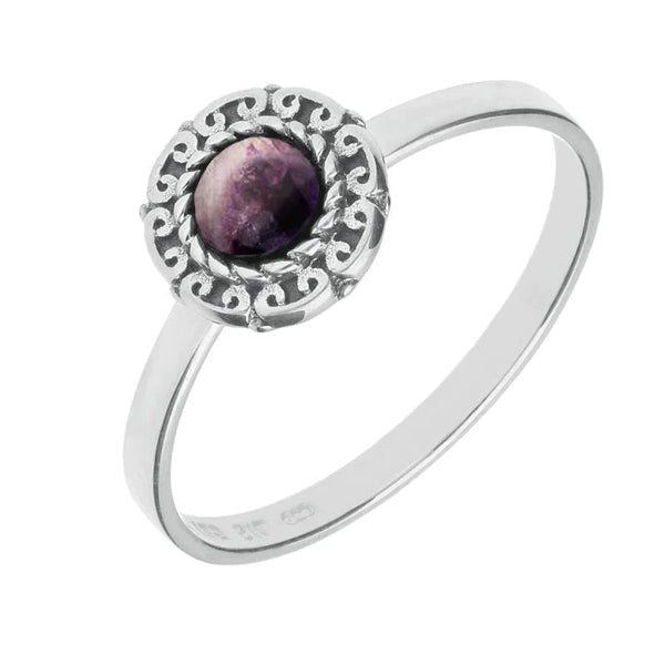 00148946 Sterling Silver Blue John Round Rope Curved Edge Ring, R740.