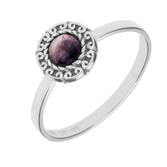 00148946 Sterling Silver Blue John Round Rope Curved Edge Ring, R740.