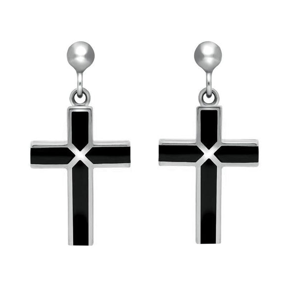 00152741  C W Sellors Sterling Silver Whitby Jet 4 Stone Cross Drop Earrings, E1435.