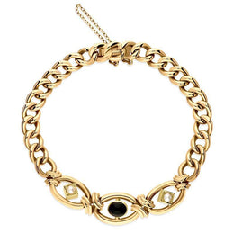 00166313 9ct Yellow Gold Whitby Jet Pearl Round Link Bracelet. BUNQ0001087