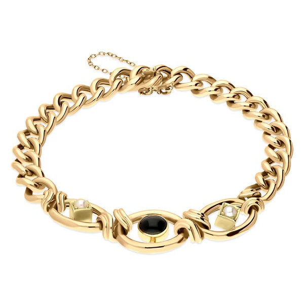 00166313 9ct Yellow Gold Whitby Jet Pearl Round Link Bracelet. BUNQ0001087