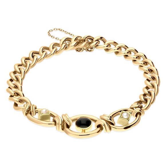 00166313 9ct Yellow Gold Whitby Jet Pearl Round Link Bracelet. BUNQ0001087