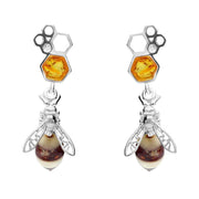 Sterling Silver Amber Bee Honeycomb Drop Earrings E2426