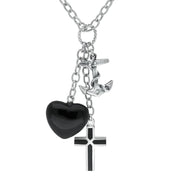 Sterling Silver Whitby Jet Faith Hope Love Charm Necklace N1046