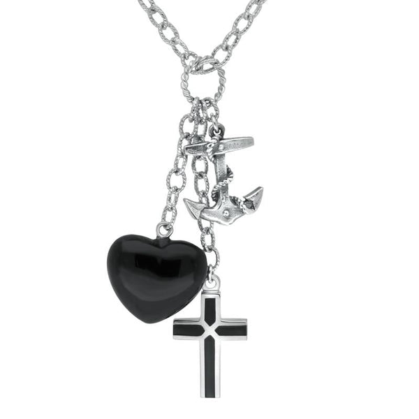 Sterling Silver Whitby Jet Faith Hope Love Charm Necklace N1046