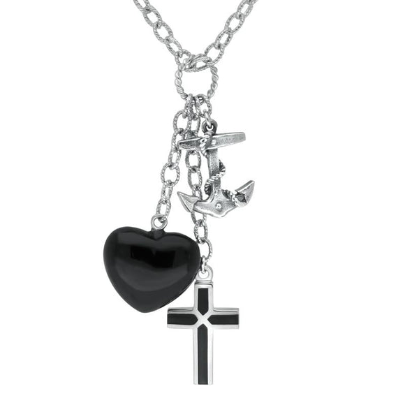 Sterling Silver Whitby Jet Faith Hope Love Charm Necklace N1046