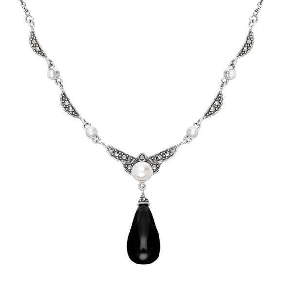 Sterling Silver Whitby Jet Marcasite Pearl Drop Necklace N1051