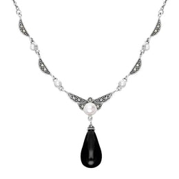 Sterling Silver Whitby Jet Marcasite Pearl Drop Necklace N1051