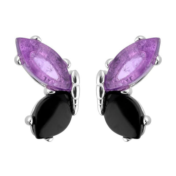 Sterling Silver Whitby Jet Amethyst Two Stone Butterfly Stud Earrings E2496
