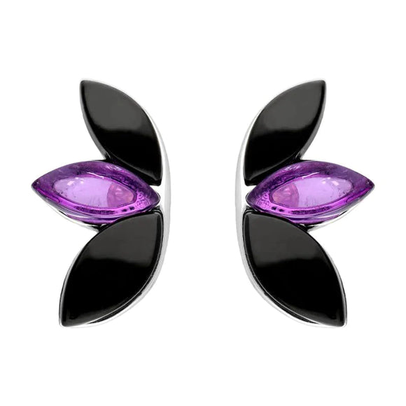 Sterling Silver Whitby Jet Amethyst Three Leaf Stud Earrings E2498