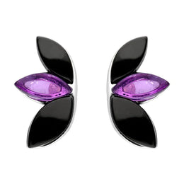 Sterling Silver Whitby Jet Amethyst Three Leaf Stud Earrings E2498
