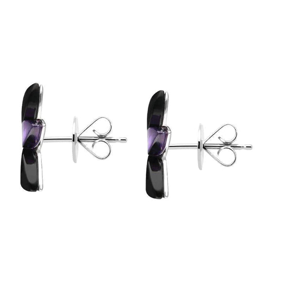 Sterling Silver Whitby Jet Amethyst Three Leaf Stud Earrings E2498