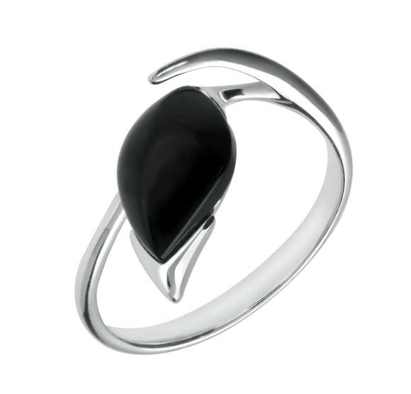 00177580 C W Sellors Sterling Silver Whitby Jet Pear Wave Shank Ring R1209