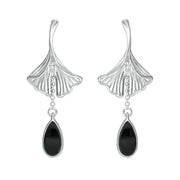 Sterling Silver Whitby Jet Teardrop Ginkgo Biloba Leaf Drop Earrings, E2514.