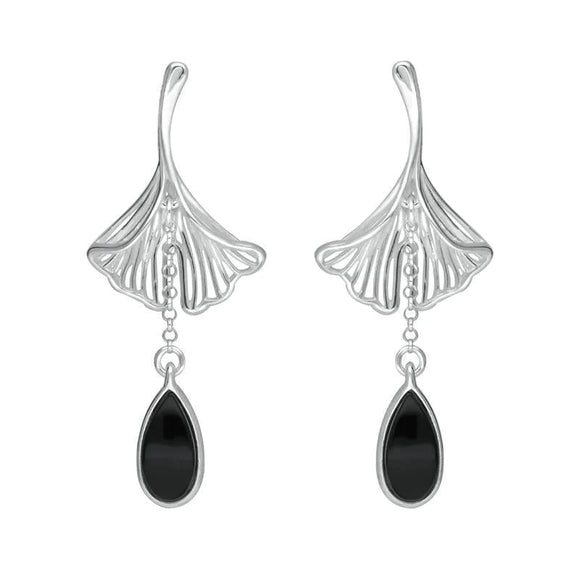 Sterling Silver Whitby Jet Teardrop Ginkgo Biloba Leaf Drop Earrings, E2514.