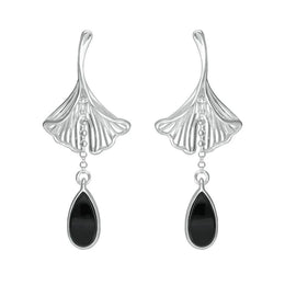 Sterling Silver Whitby Jet Teardrop Ginkgo Biloba Leaf Drop Earrings, E2514.