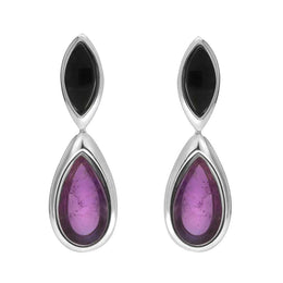 Sterling Silver Whitby Jet Amethyst Two Stone Marquise Pear Drop Earrings E2430