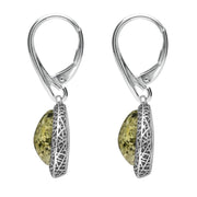 Sterling Silver Green Amber Basket Weave Edge Pear Hook Earrings E2501_G