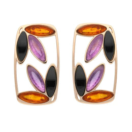 Sterling Silver Rose Gold Vermeil Whitby Jet Amber Amethyst Six Stone Earrings, E2517