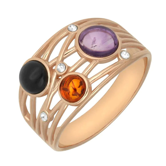 Rose Gold Vermeil Whitby Jet Amethyst Amber Bubble Ring, R1215