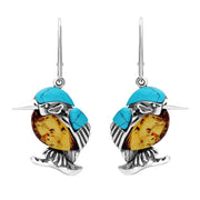 Sterling Silver Amber Turquoise Kingfisher Hook Drop Earrings E2524
