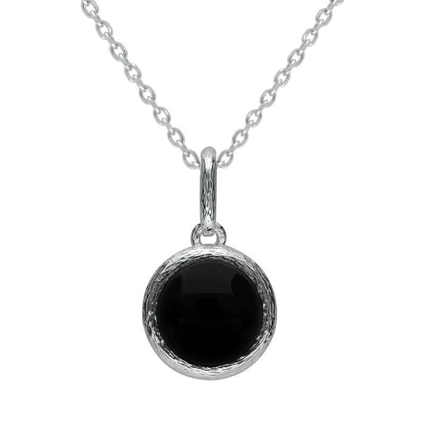 00178883 Sterling Silver Whitby Jet Round Stone Brushed Edge Necklace P3514.