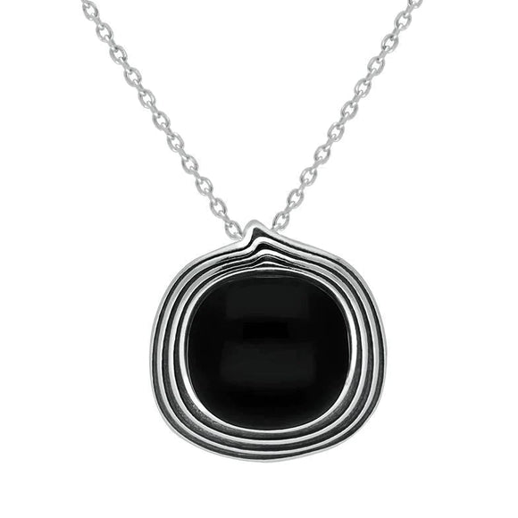 00178888 Sterling Silver Whitby Jet Cushion Stone Patern Edge Necklace P3517.
