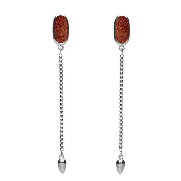 Sterling Silver Brown Goldstone Lineaire Long Drop Stud Earrings. E2240.