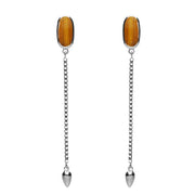 Sterling Silver Tigers Eye Lineaire Long Drop Stud Earrings. E2240.