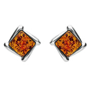 Sterling Silver Amber Square Wave Stud Earrings, E2175.
