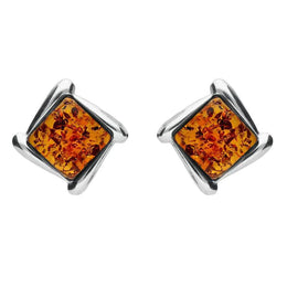 Sterling Silver Amber Square Wave Stud Earrings, E2175.