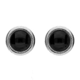 00191690 Sterling Silver Whitby Jet Round Ribbed Edge Stud Earrings, E2346