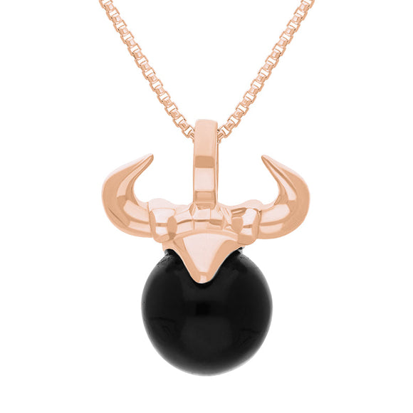 18ct Rose Gold Whitby Jet Zodiac Taurus 10mm Bead Pendant, P3621.