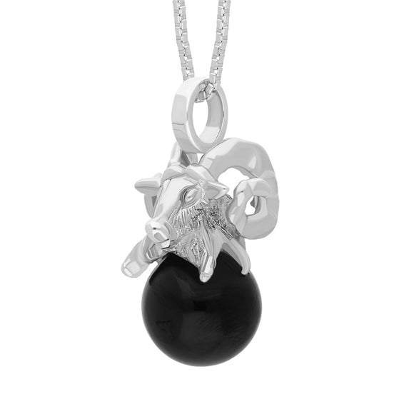 18ct White Gold Whitby Jet Zodiac Aries 10mm Bead Pendant, P3620.