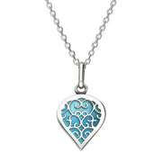 18ct White Gold Turquoise Flore Filigree Small Heart Necklace. P3629.