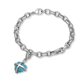 18ct White Gold Turquoise Small Cross Heart Charm Bracelet, B1209