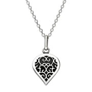 18ct White Gold Whitby Jet Flore Filigree Small Heart Necklace. P3629.
