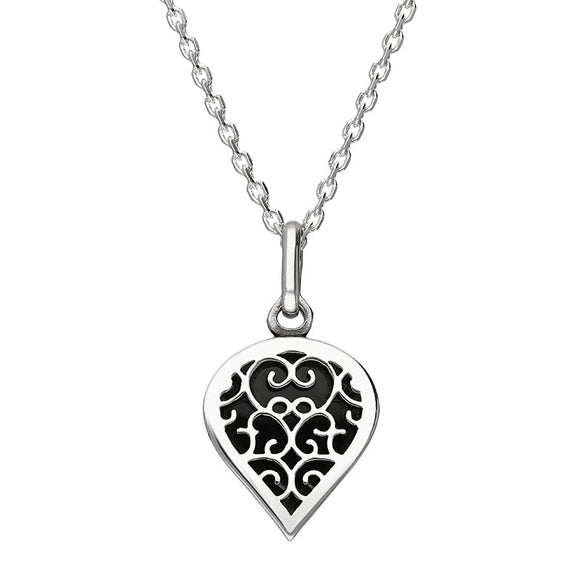 18ct White Gold Whitby Jet Flore Filigree Small Heart Necklace. P3629.