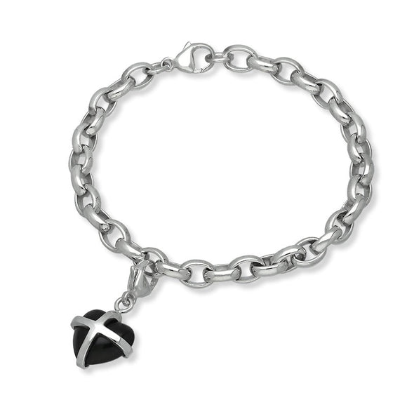18ct White Gold Whitby Jet Small Cross Heart Charm Bracelet