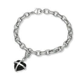 18ct White Gold Whitby Jet Small Cross Heart Charm Bracelet